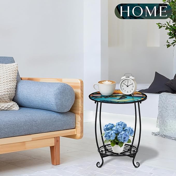 Cinnvoice Outdoor Side Table Round Small Mosaic Patio Accent Indoor End Plant