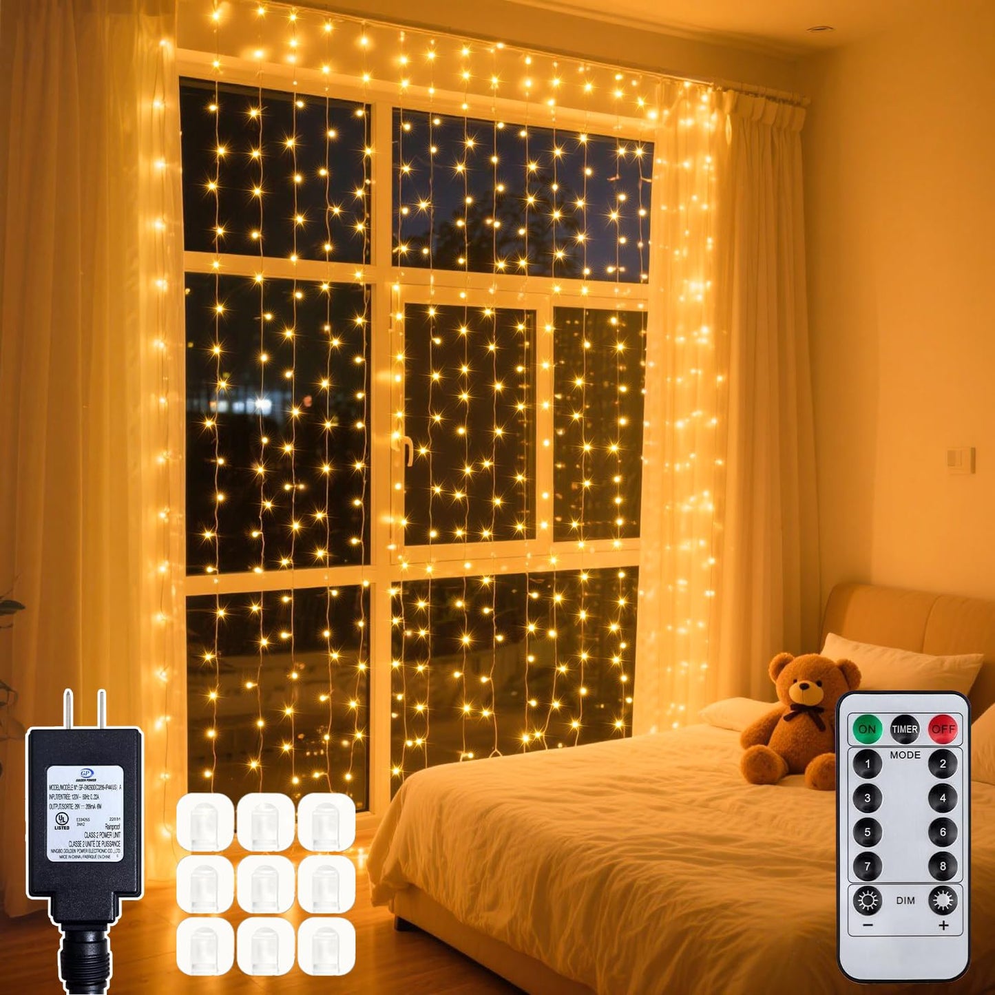 Soagrc 300 LED Warm White Curtain String Lights 9.8x9.8FT, Plug in Fairy Lights with 9 Hooks, Dimmable, Timer & 8 Modes, IP44 Waterproof, Bedroom Wall Wedding Backdrop Christmas Indoor Outdoor Decor