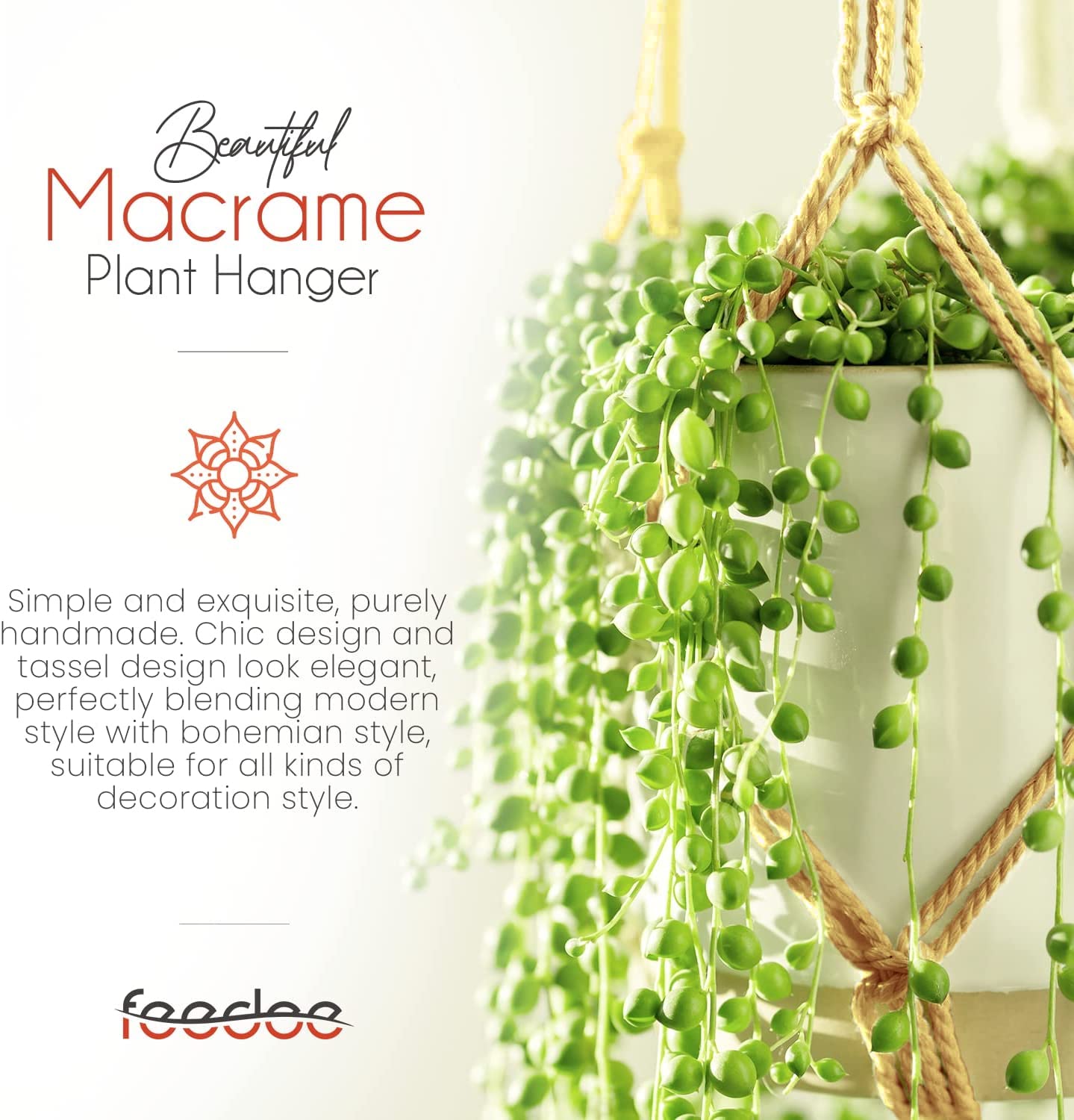 feedee Macrame Plant Hangers - 6 Pack, Brown, Indoor/Outdoor, 11.9 lbs Capacity, Ready to Hang