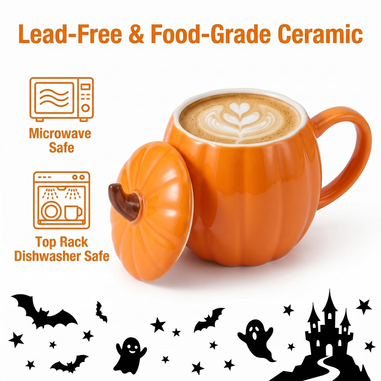 1PCS Ceramic Pumpkin Mug with Lid, 14oz Orange Coffee Mug for Fall & Autumn, Cute Halloween Coffee Cup for Tea and Hot Cocoa, Microwave Safe Novelty Gift for Women, Friends, and Family (Pumpkin-1PCS)
