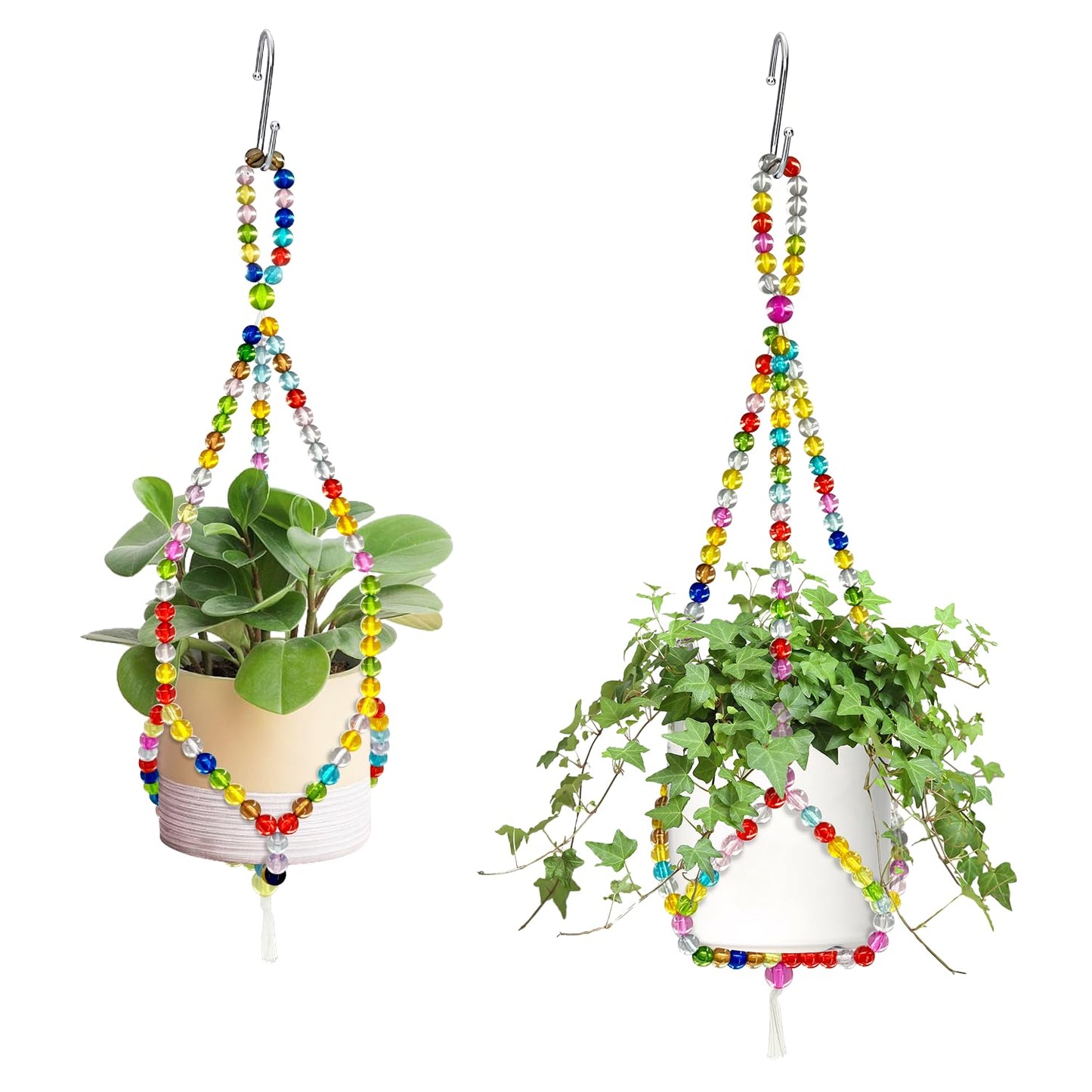 FALESHOS 2 Pack Macrame Plant Hangers with 2 Hooks, 17.9inch/16.7inch Bead Hanging Planter for Indoor Outdoor Bohemian Home Garden Decor