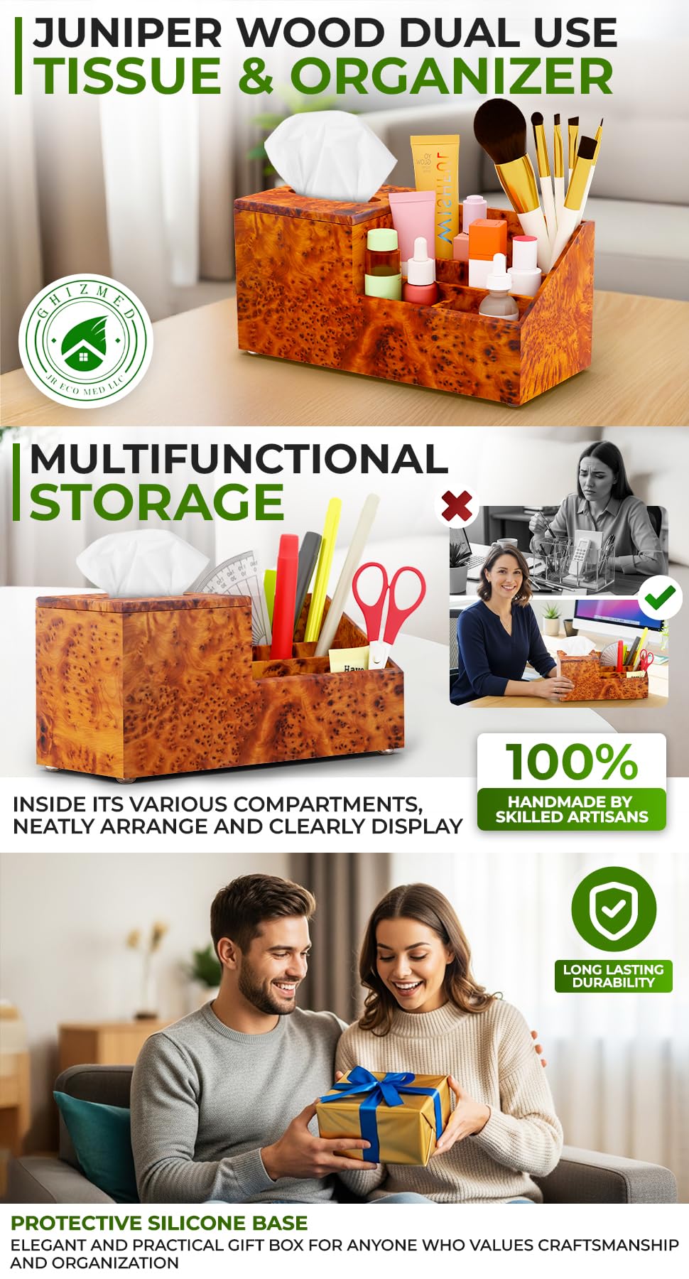 Womens nightstand Organizer -Organizer Box-Tissue Cover Box-Makeup Box Organizer-Wooden Tissue Holder Box Storage-Desk Organiser-Tissue Box with Storage Tray-Tissue Organizer Holder-Wood Tissue Box