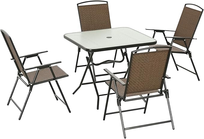 Outsunny 5 Pieces Wicker Patio Dining Set, Foldable Outdoor Table and Chairs