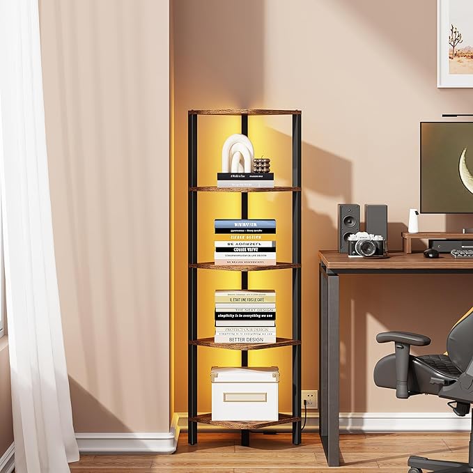 TUTOTAK Corner Shelf with LED Light, 5-Tier Corner Bookshelf