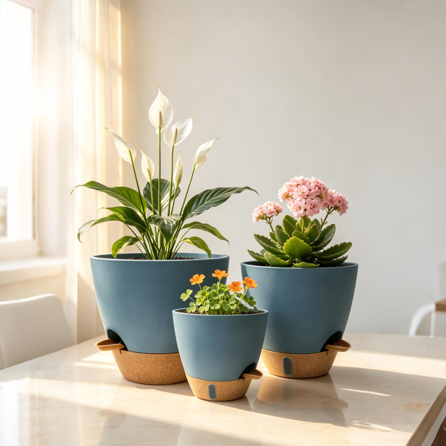 MNKXL 12"/10"/9"/8" Self Watering Pots with Visual Water Window,Extra Large Self Watering Plant Pots with Drainage Holes & Saucers,Blue Planters for Indoor Plants,4-Pack
