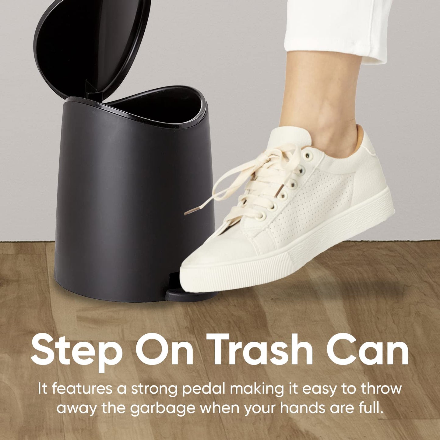 Superio MIni Plastic Bathroom Trash Can with Lid 3 Liter Black Modern Curved Step On Trash Can with Foot Pedal, Mini Kitchen Waste Bin, Durable and Soft Close for Bedroom, Office, Under Desk