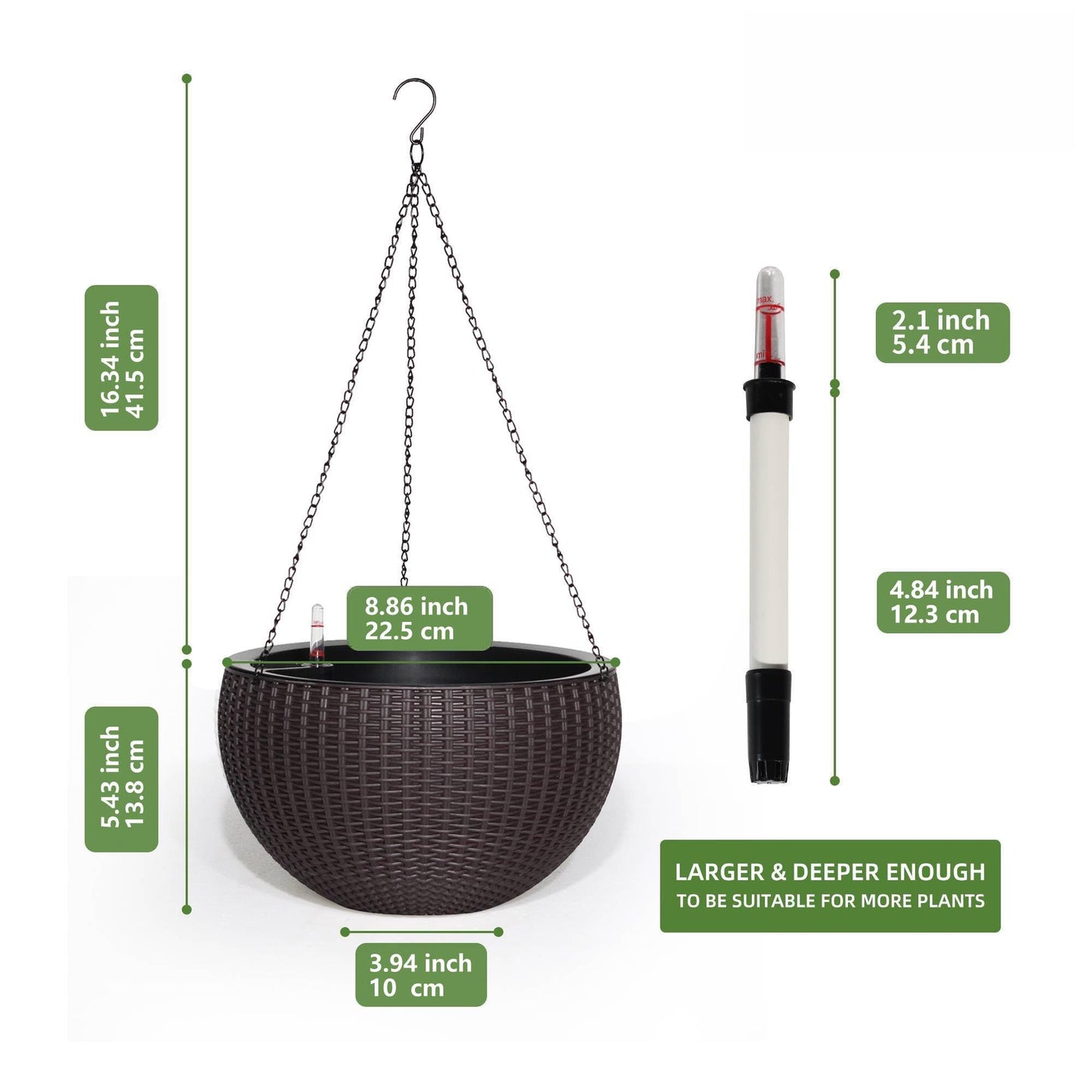Dexceder 9 Inch Self Watering Hanging Planters Indoor Outdoor, Thickened Hanging Basket Flower Plant Pot with Water Level Indicator (Brown)