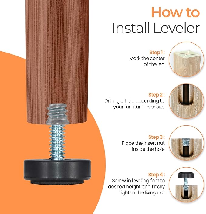 1/4-20 Adjustable Furniture Leveler, 16 Pack Rubber Leveling Feet Screws in
