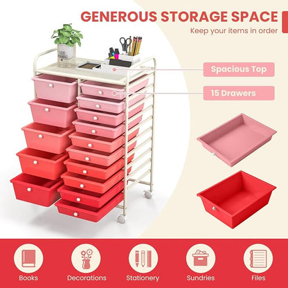 GOFLAME 15-Drawer Rolling Storage Cart, Craft Storage Cart with Removable Drawers & Lockable Wheels, Art Cart Supply Storage Organizer for Home Office Classroom, Pink Gradient