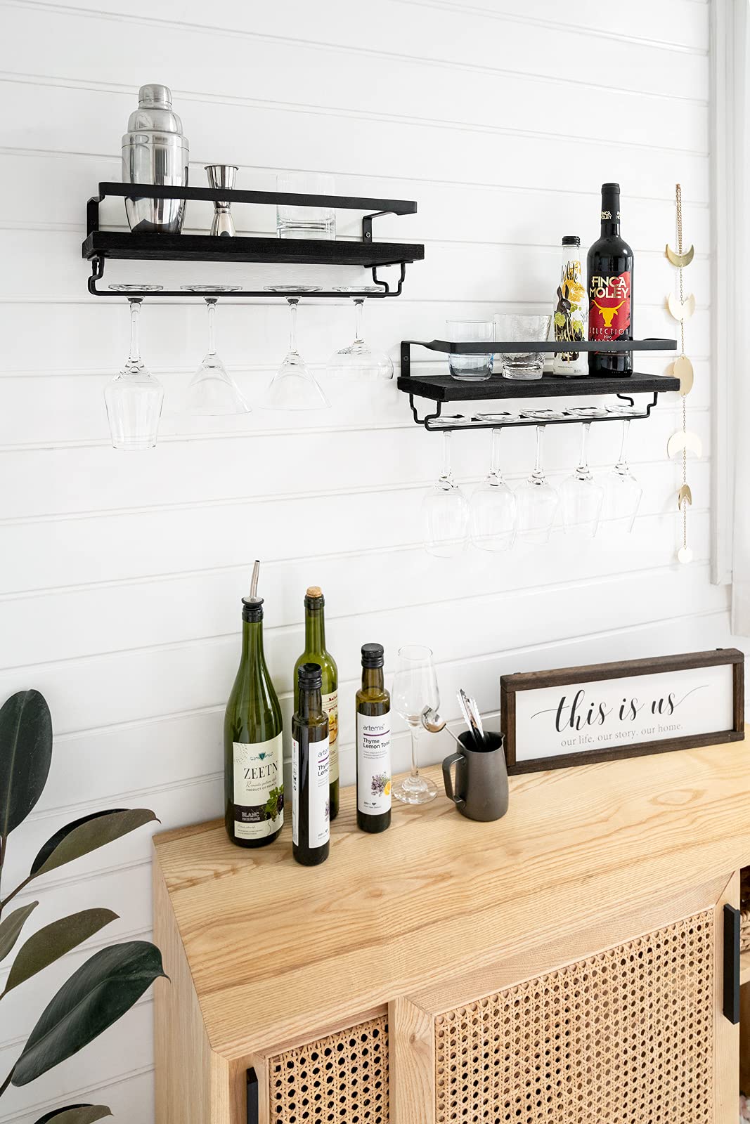 Mkono Wall Mounted Wine Rack Set of 2 Wood Shelf Rustic Wine Bottle Glass Floating Shelves with Stemware Hanger Modern Plants Photos Wine Display Storage Holder for Kitchen Dining Room Bar, Black