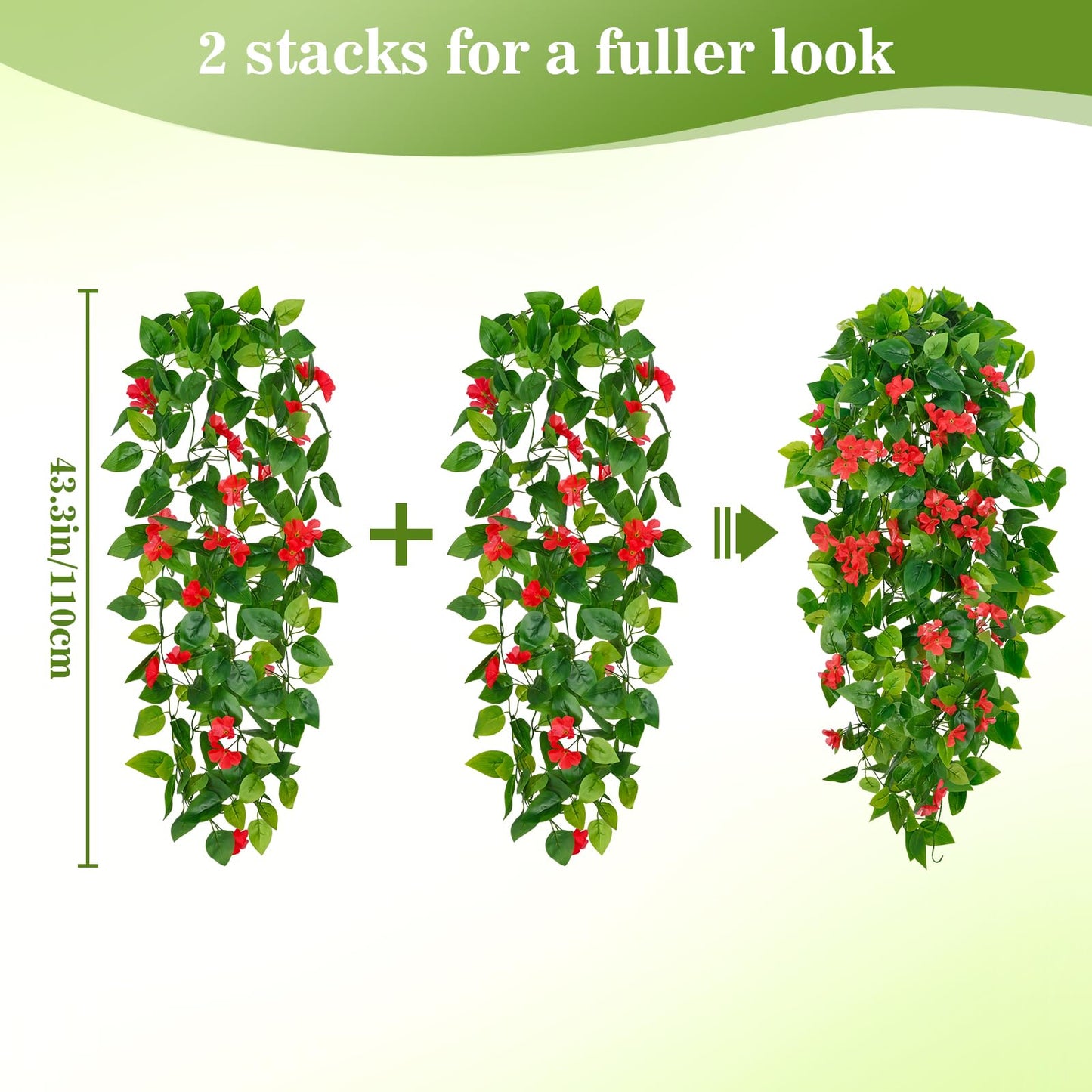 BLEUM CADE Artificial Hanging Flowers for Outdoors, 2pcs Fake Hanging Plants Pothos Vines with Red Flowers for Wall Home Living Room Indoor Outdoor Decor (No Baskets)