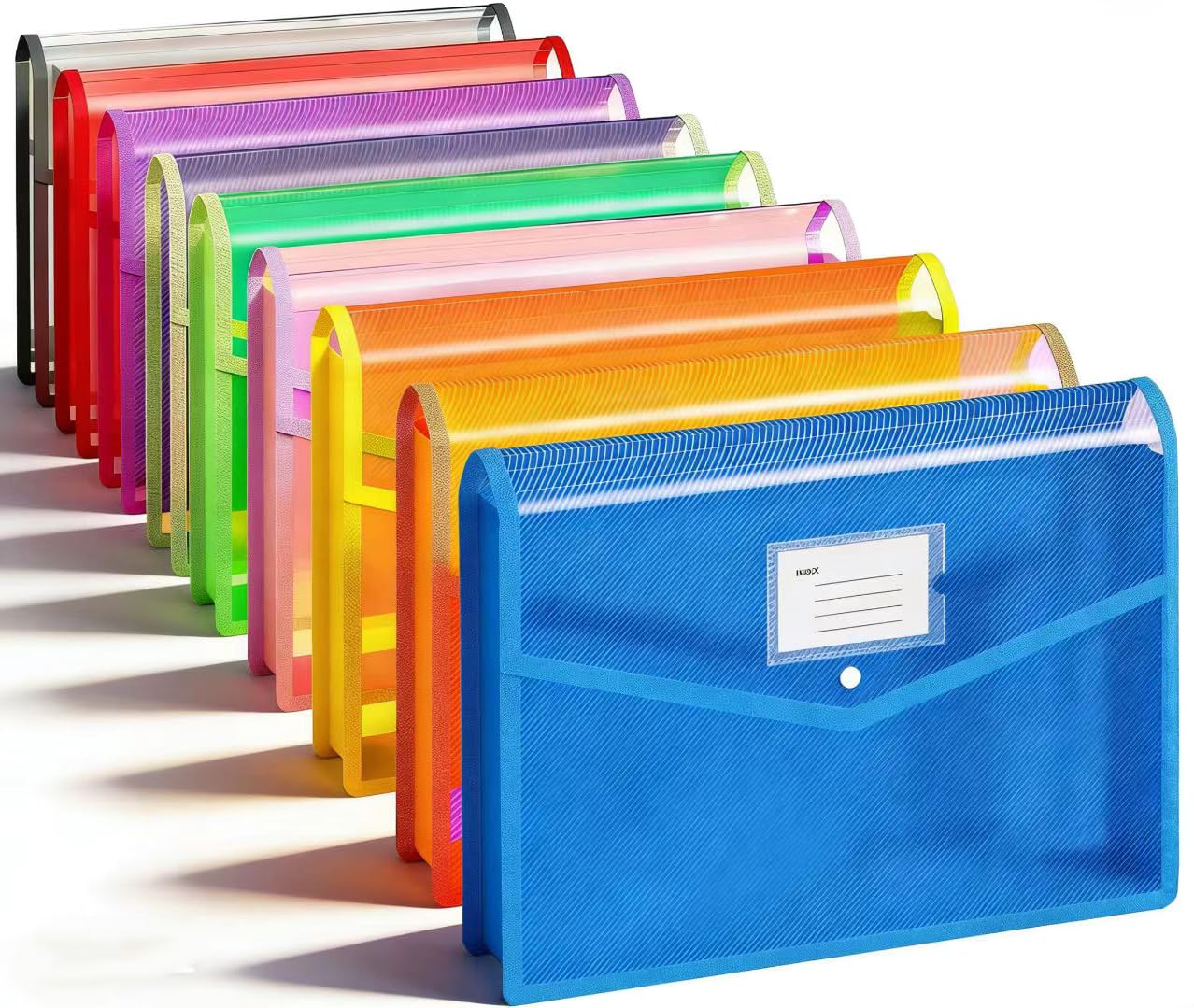 Plastic File Folder, 9 Pcs Large-Capacity Poly Envelope Expanding Wallet Document Folder Letter Size A4 Accordion File Pouch with Label Pocket, Snap Button for School Home Work Office Organization