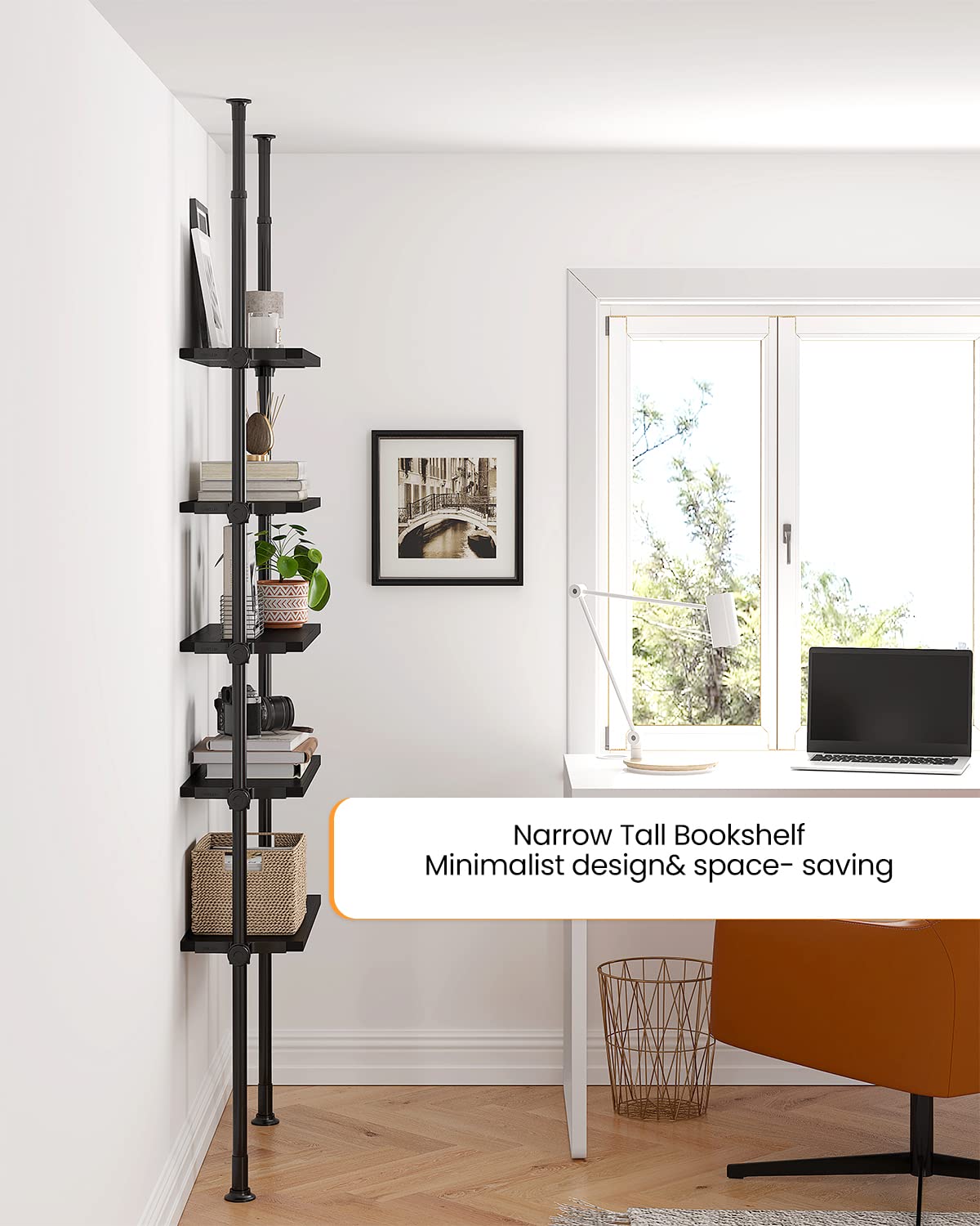 ALLZONE Adjustable Tall Narrow Bookshelf, 5-Tier Floor-to-Ceiling Tension Mount Ladder Book Shelf with Storage for Versatile Uses, Fits 92-116 Inch Ceilings, 27.84-Inch Wide Wood Shelves, Black Relief