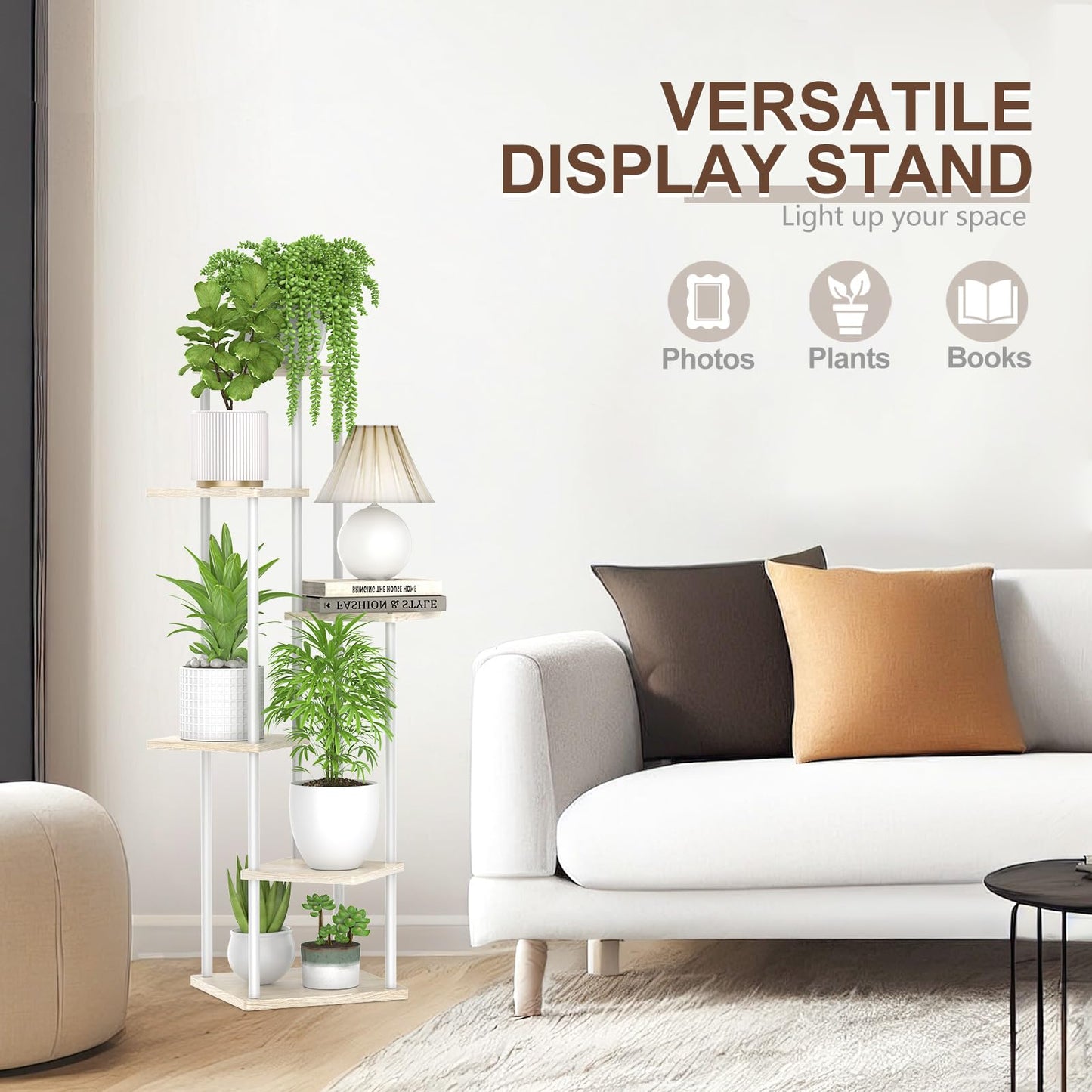 Oppro 6 Tier Tall Plant Stand Indoor, Large Metal Wood Muti Level Vertical Planter Shelf Orchid Holder for Narrow Corner, Sturdy Heavy Duty Flower Display Rack for House Decor Living Room Bedroom, White