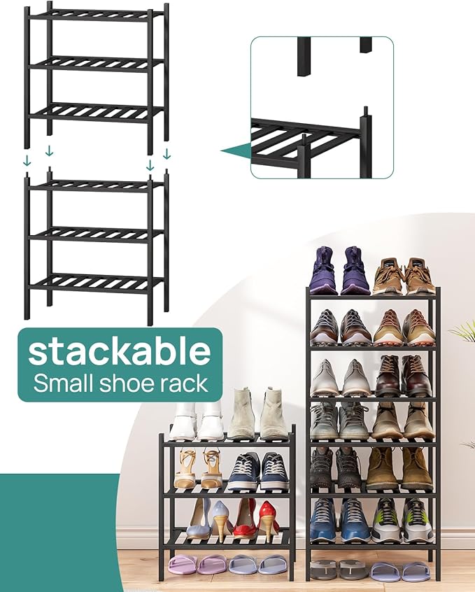 viewcare Small Shoe Rack for Entryway, 3-Tier Black Bamboo Shoe Organizer for