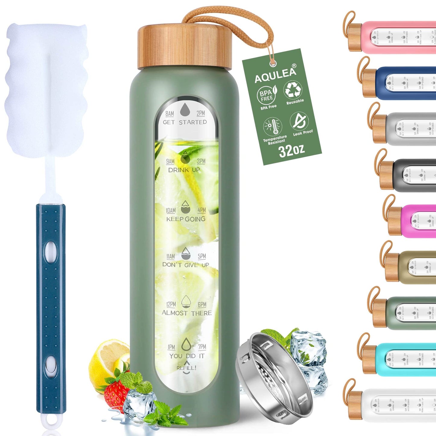 Aqulea Glass Water Bottles 32 Oz with Silicone Sleeve - BPA Free Reusable Wide Mouth Glass Motivational Water Bottles with Fruit Infuser – Leak Proof Borosilicate Water Bottle with Time Marker (Green)