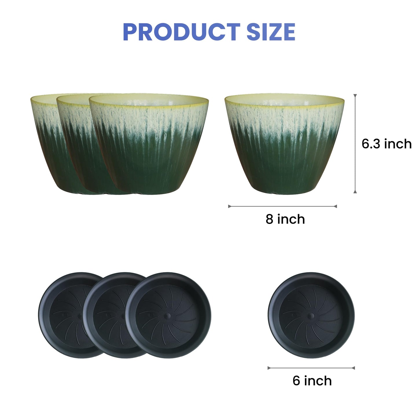 LESOASIS 8 inch Plant Pots with Drainage Holes, Pack of 4 Plastic Flower Pots Indoor, Modern Glossy Finishing Planter for Indoor Outdoor Plants (Green Glaze, 4 Pack)