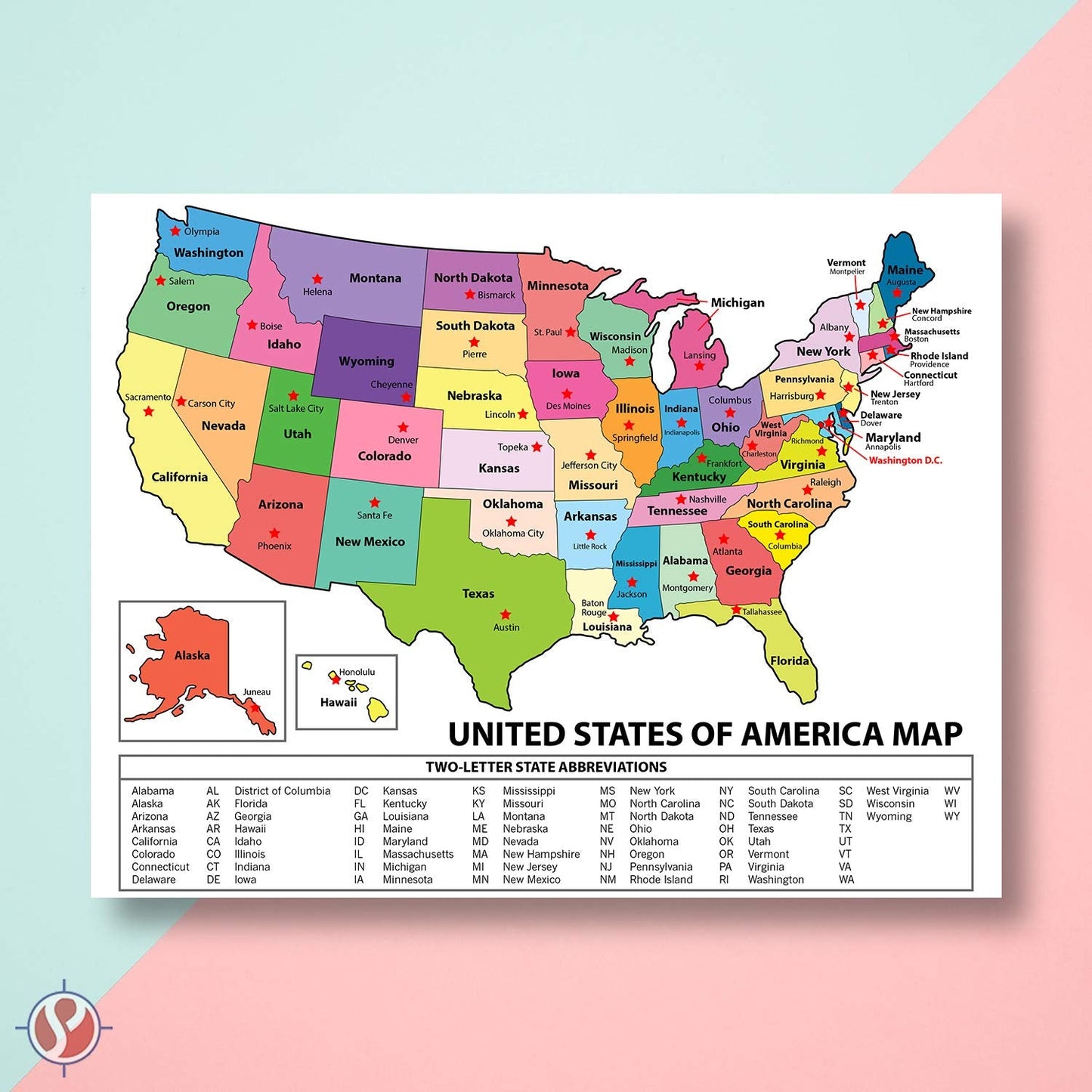 United States Map - USA Poster, US Educational Map - With State Capital - for Ages Kids to Adults- Home School Office - Printed on 12pt. Glossy Card Stock | Bulk Pack of 10 | 8.5 x 11 Inches