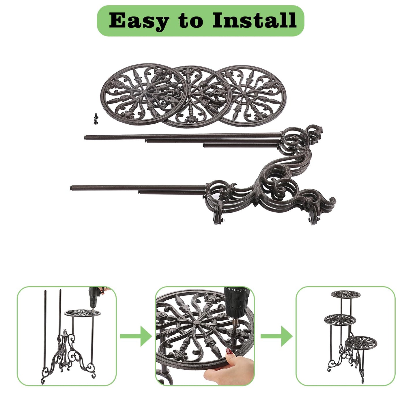 OwnMy 3 Tier Heavy Duty Cast Iron Plant Stand Foldable Wrought Iron Flower Pot Holder, Indoor Outdoor Tall Plant Stand Shelf for Garden Patio, Decorative Round Metal Plant Display Rack, Retro Brown