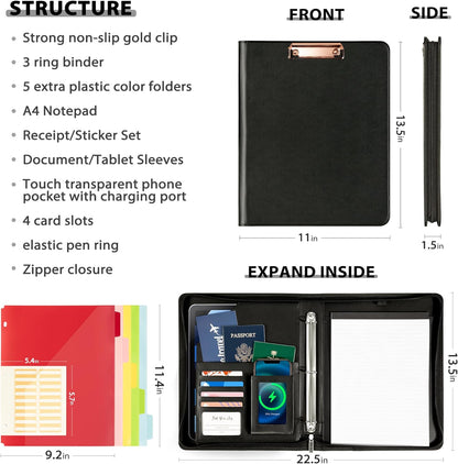 Leather Clipboard with Storage, Zippered Padfolio Portfolio Organizer, 3 Ring Binder 1 Inch, Notepad, Tablet Sleeve, 5 Dividers with Pocket, Stickets for Office, Nurses, Students, Teachers Black