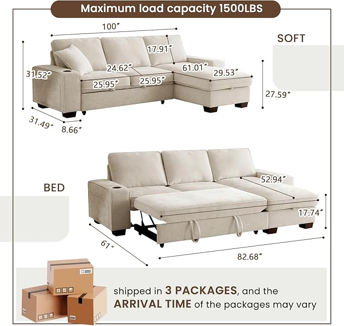 99" Convertible Sleeper Sofa Bed, L Shaped