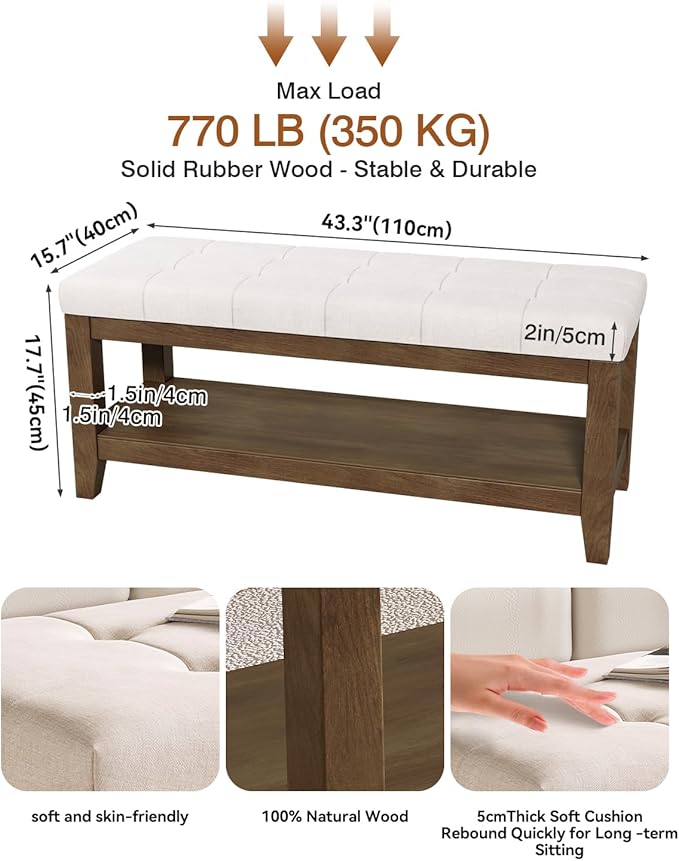 ABHENG Solid Rubber Wood Shoe Bench, Soft Chenille Material Upholstered Seat