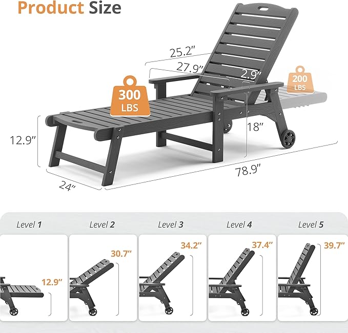 LUE BONA Lounge Chair Outdoor Set of 4, HDPS Chaise Lounge Outdoor