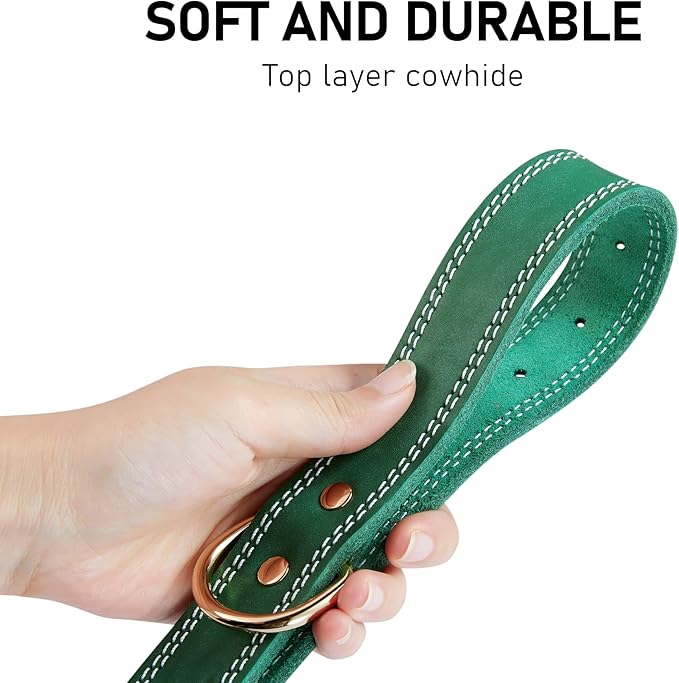 Dog Collar, Genuine Leather Heavy Duty Dog Collar for Small, Medium, Large and Extra Large Dog (M: 1" Wide for 15.2"-19.2" Neck, Dual Stitch - Green)