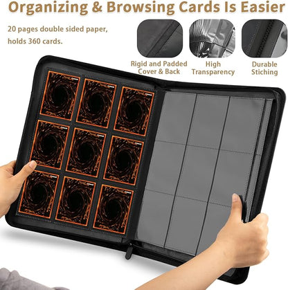 TIANREN Card Binder 9 Pocket, 3D PU Leather Album with Zipper, 360 Side Loading Pockets for TCG, MTG, Lorcana, Other Collectible Cards, Trading Card Game Protective Folder Album (Reddish Brown)
