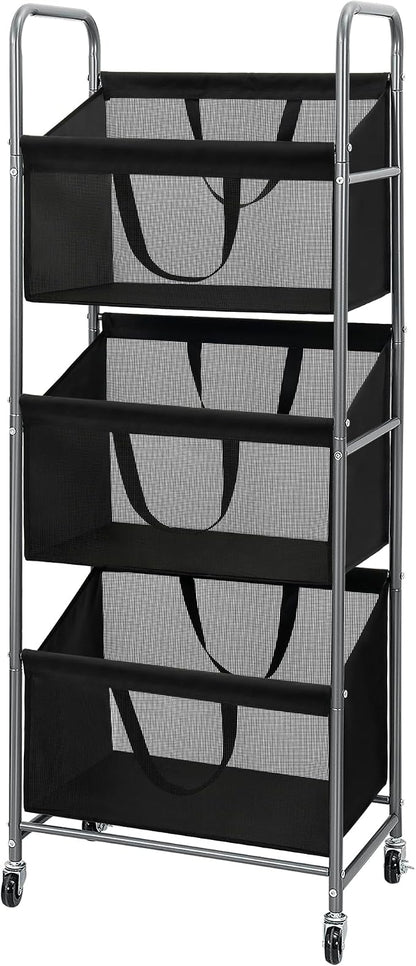 STO STO 3-Tier Vertical Laundry Hamper with Wheels, 120L Rolling Laundry Sorter with 3 Removable Breathable Mesh Bags, Rust-Resistant Steel Frame for Small Spaces, Apartment, Dorm, Black Mesh