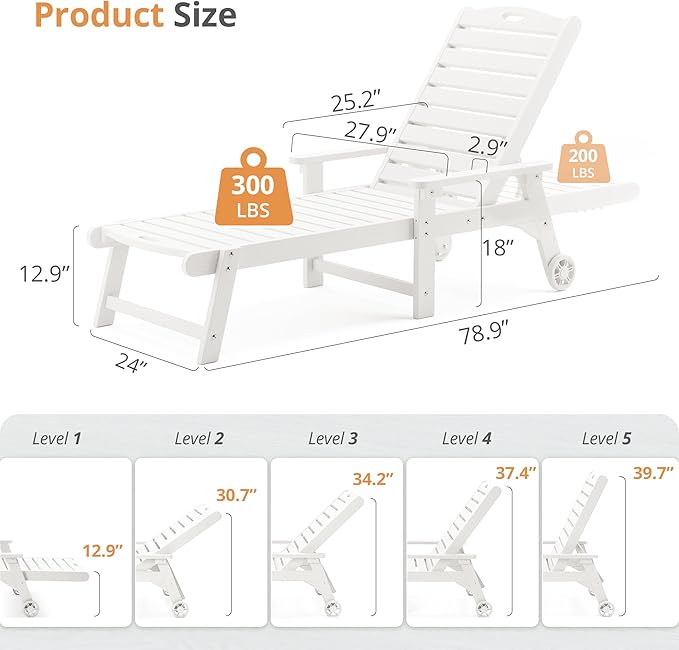 LUE BONA Lounge Chair Outdoor Set of 2, HDPS Chaise Lounge Outdoor