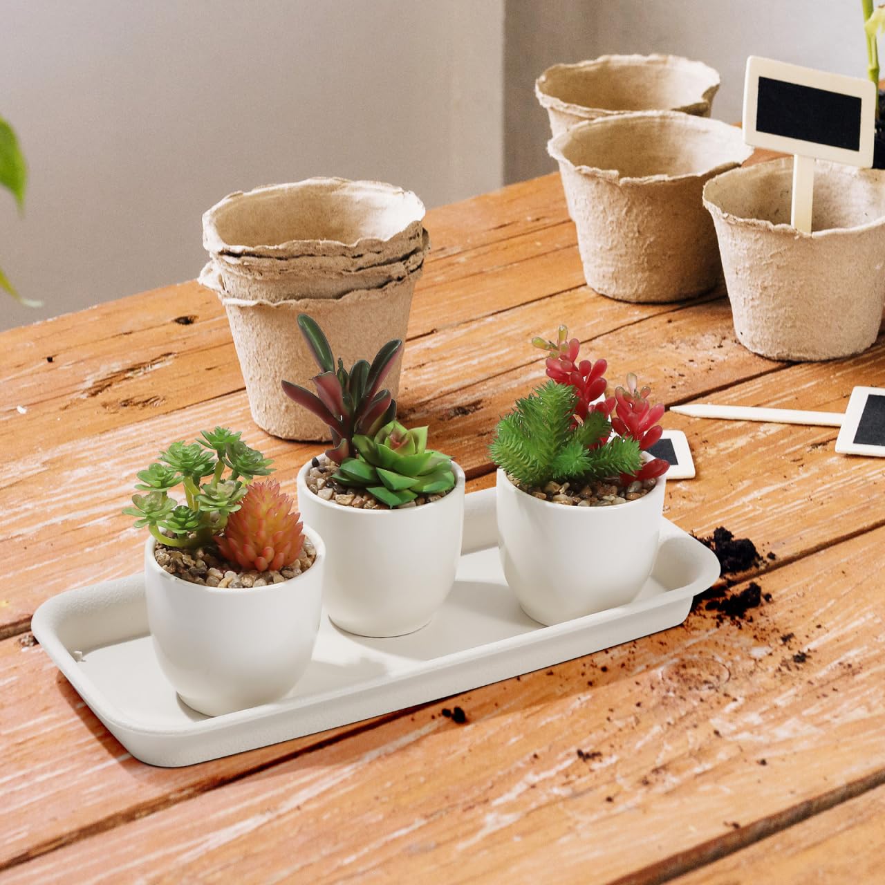 Alasum 5-Pack Beige Rectangular Plant Drip Trays - Durable Plastic Flower Pot Saucers for Windowsill Bonsai and Potted Plants - Water-Saving and Breathable Drainage Catch Trays for Indoor and Outdoor