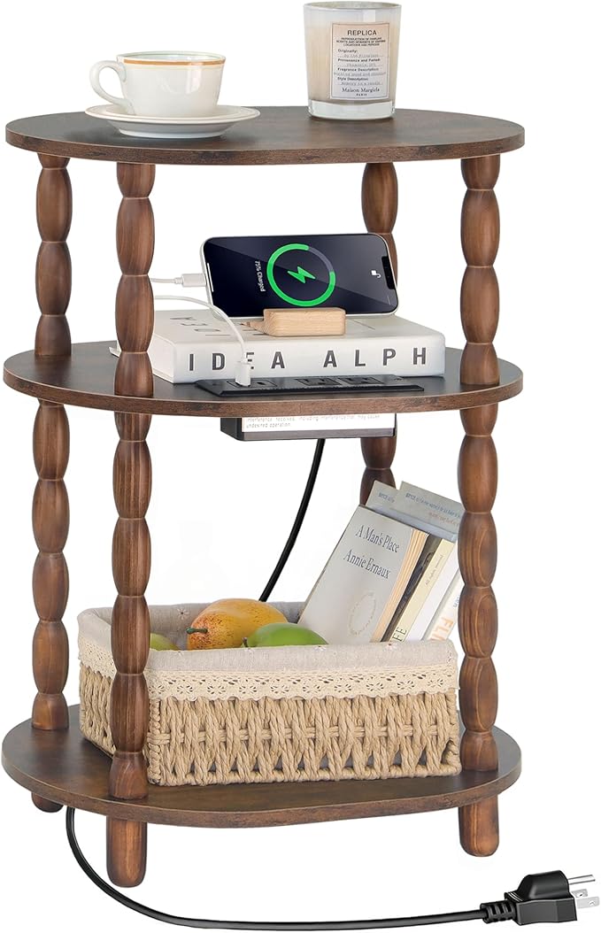 MaxSmeo Side Table with Charging Station, 3-Tier Small End Table with USB Ports