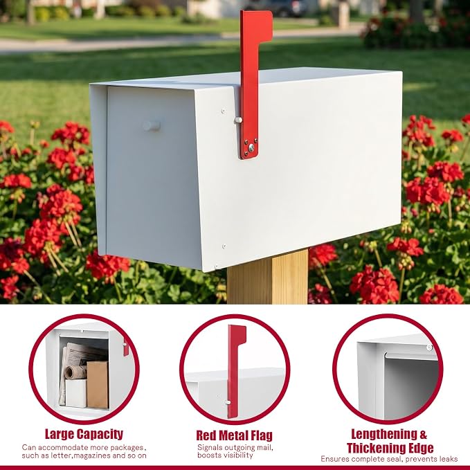 Large Mailboxes for Outside Post Mount Mailbox, Metal Mail Box with Magnetic Latch, Galvanized Steel Modern Mailbox for House Outside, 20.9 x 7.9 x 10 Inches, White