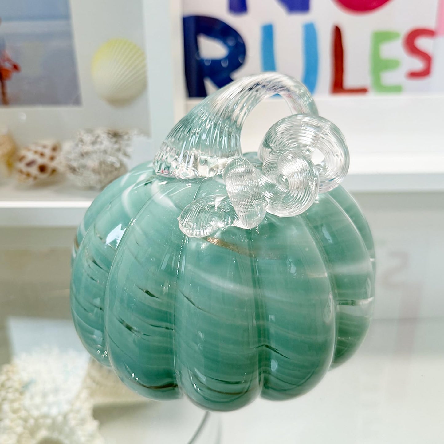 ORRFIDDY 5.1" Hand-Blown Glass Pumpkin Halloween Decor Fall Home Figurines Collectible Harvest Thanksgiving Wedding & Autumn Mantel Decorations Paperweight Tabletop Ornaments(Green)