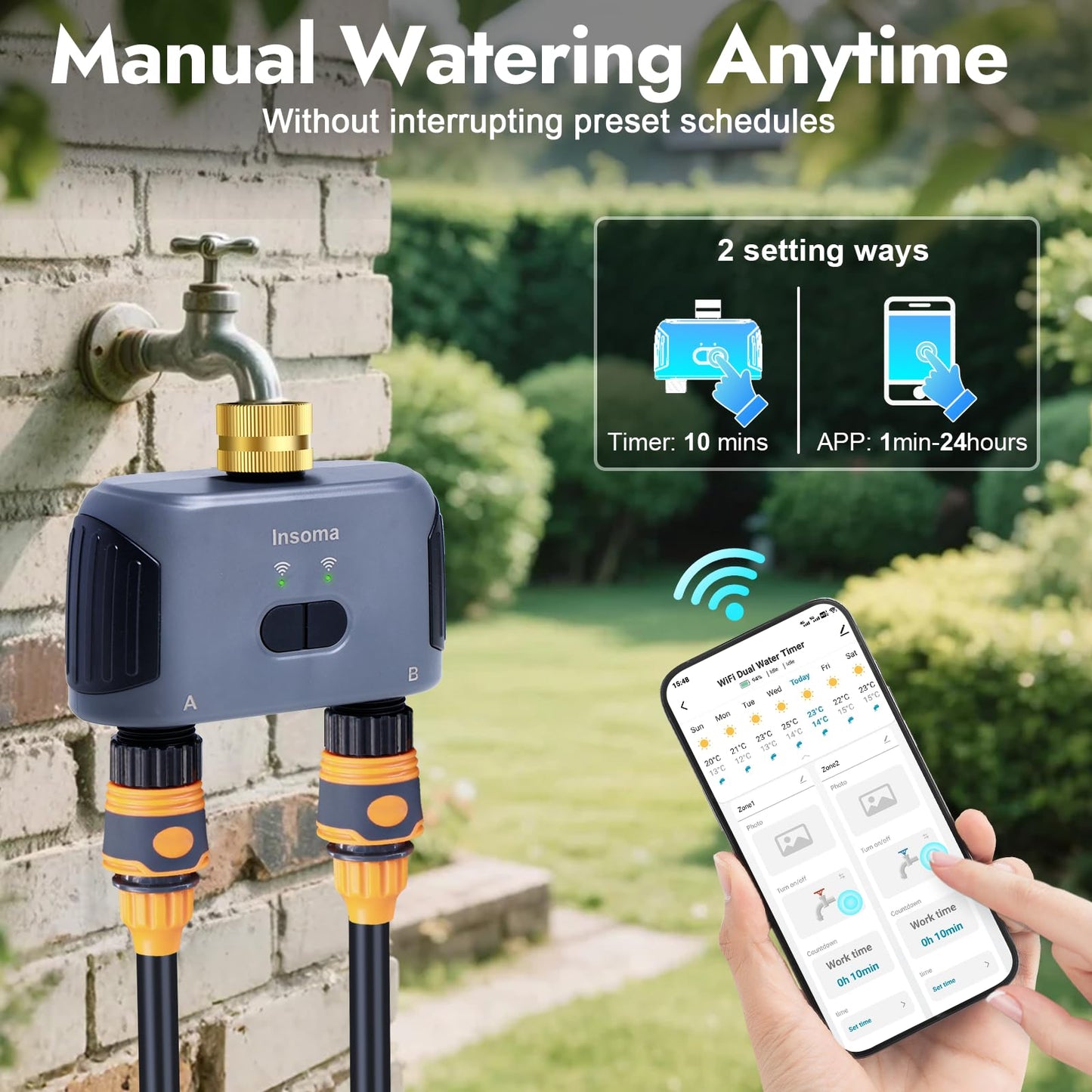 WiFi Water Timer for Garden Hose with Brass Inlet,Smart Hose Timer with WiFi Hub, APP & Voice Control,Up to 20 Watering Plans, 2-Zone Sprinkler Drip Irrigation System Controller for Yard Lawn Watering