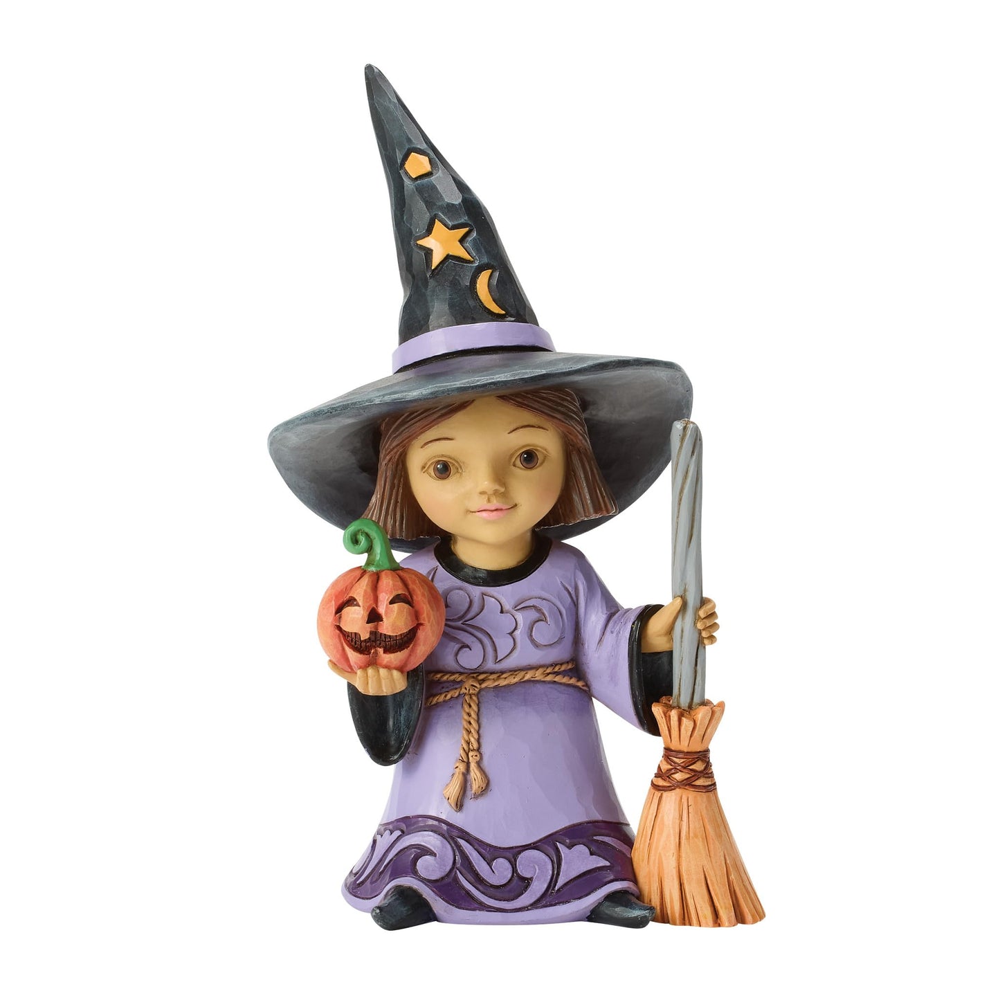 Enesco Jim Shore Heartwood Creek Halloween Witch Holding a Pumpkin and Broom Figurine, 6.3 Inch, Multicolor
