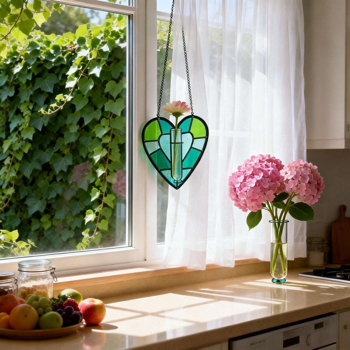Stained Glass Plant Propagation Station, Handmade Suncatchers Window Hanging Decor, Hanging Hydroponic Planter Terrarium with 2 Glass Tubes for Mother's Day Home & Garden Decor, Green, Indoor Outdoor