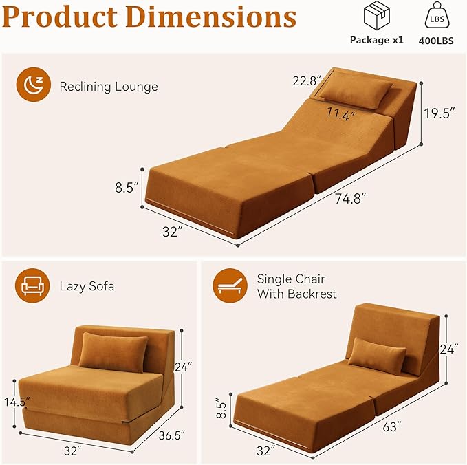 Fold Out Chair Bed, Folding Sofa Bed, 3 in 1 Convertible Sleeper Chair Bed