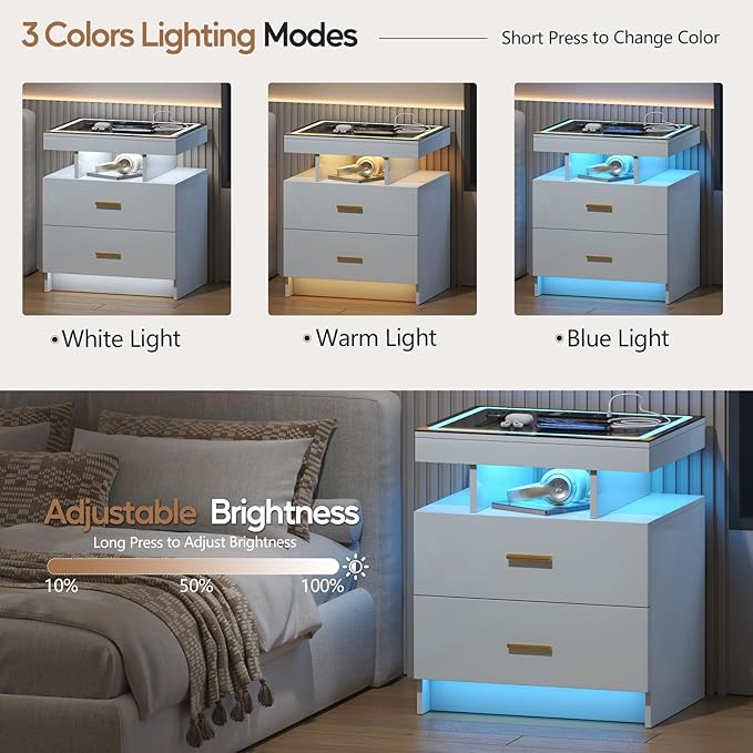 LED Nightstand with Wireless Charging Station, Glass Top Smart Bedside Table