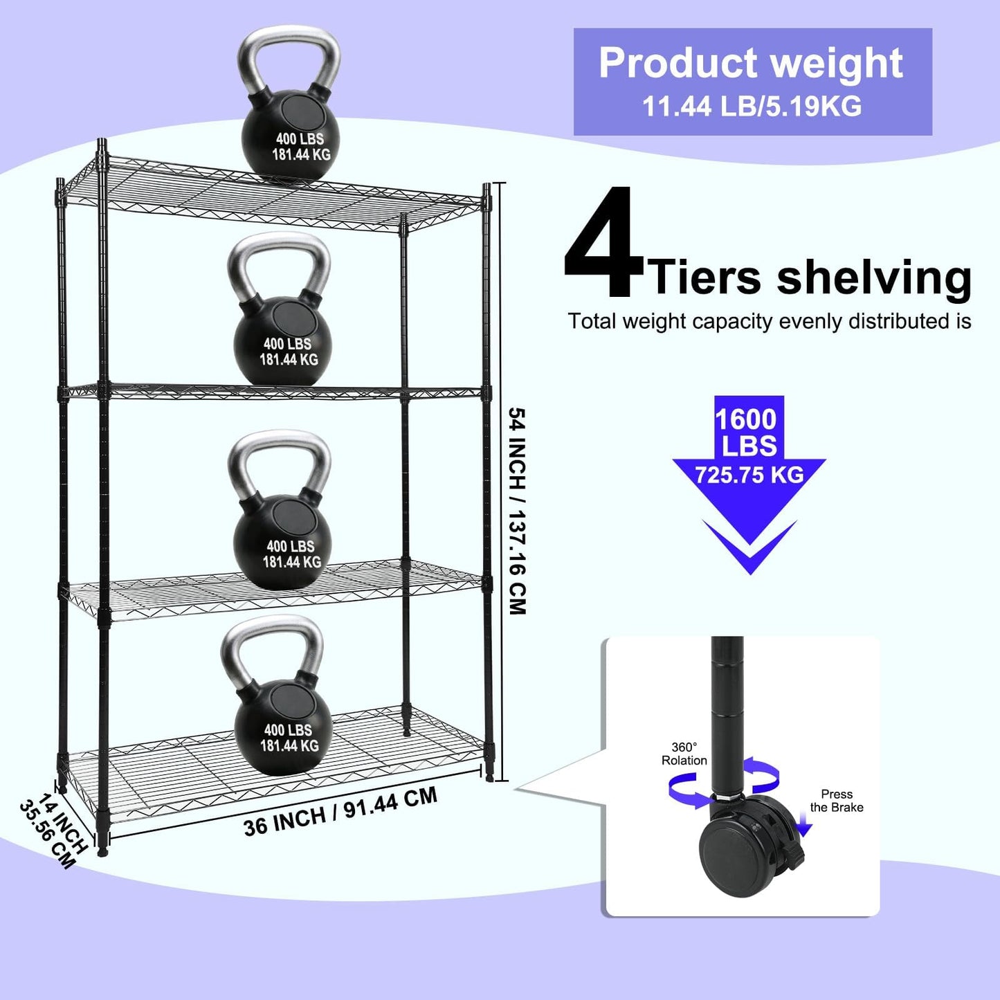 Whitmor 4 Tier Storage Shelving, Heavy Duty with Wheels, Adjustable Steel Organizer Wire Rack, 400 lbs Capacity per Shelf, Max 1600 lbs Total for Garage, Kitchen, Plant, 36" L x 14" W x 54" H, Black
