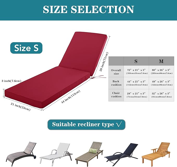 Chaise Lounge Cushion Outdoor, Waterproof and Stain-Resistant Lounge Deck