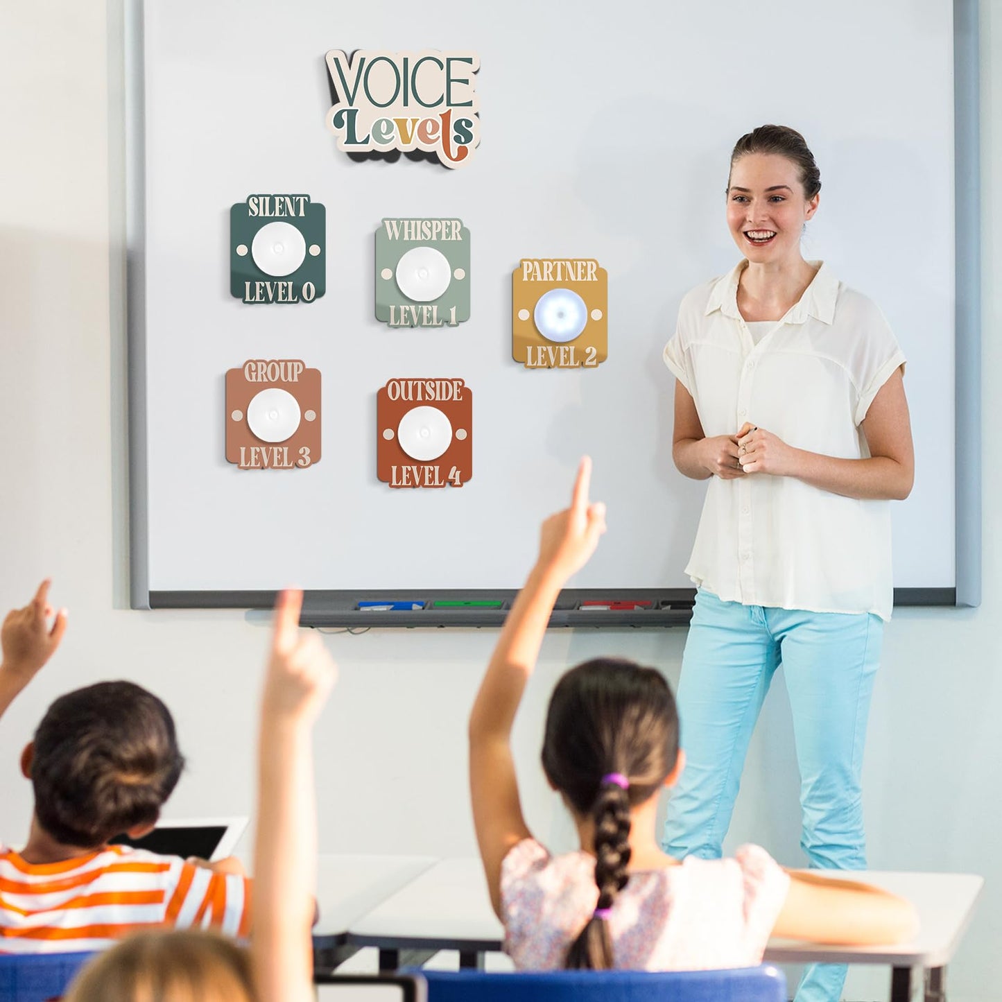 Honoson Voice Level Chart for Classroom with 5 Pack Magnetic Puck Lights Noise Level Chart Teacher Educational Management Supplies for Elementary School Preschool Music Class(Soft,Vibrant)