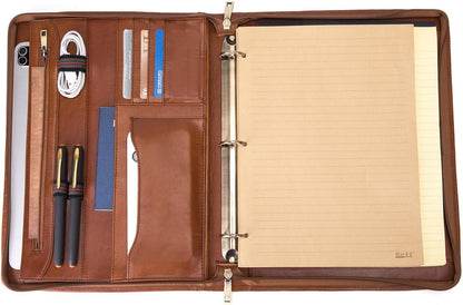 3 Ring Binder Genuine Leather Portfolio, Front Pocket, 8.5 x 11 Legal Pad Padfolio for Men and Women, Zip Notepad Laptop Organizer, Professional Business Executive Work Folio, Brown, Oil Tanned