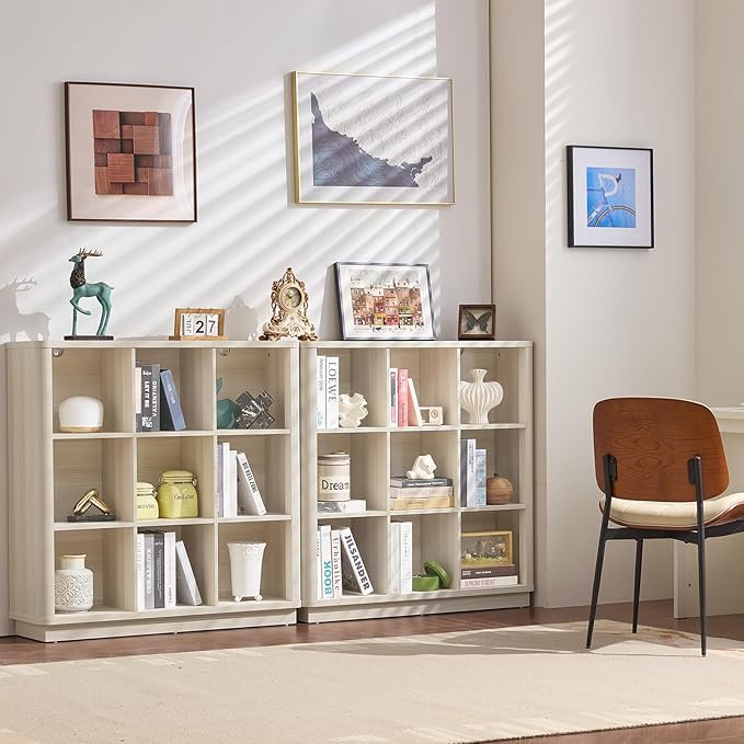 9 Cube Storage Book Shelf, Wood Floor Standing 3-Tier Cubby Bookshelf