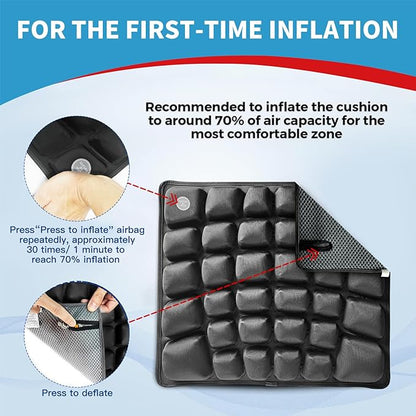 Inflatable Seat Cushion for Car, Office and Wheelchair, Adjustable Firmness, Ergonomic Support for Lower Back and Tailbone, 18x16x2.1 inches, Grey Cover