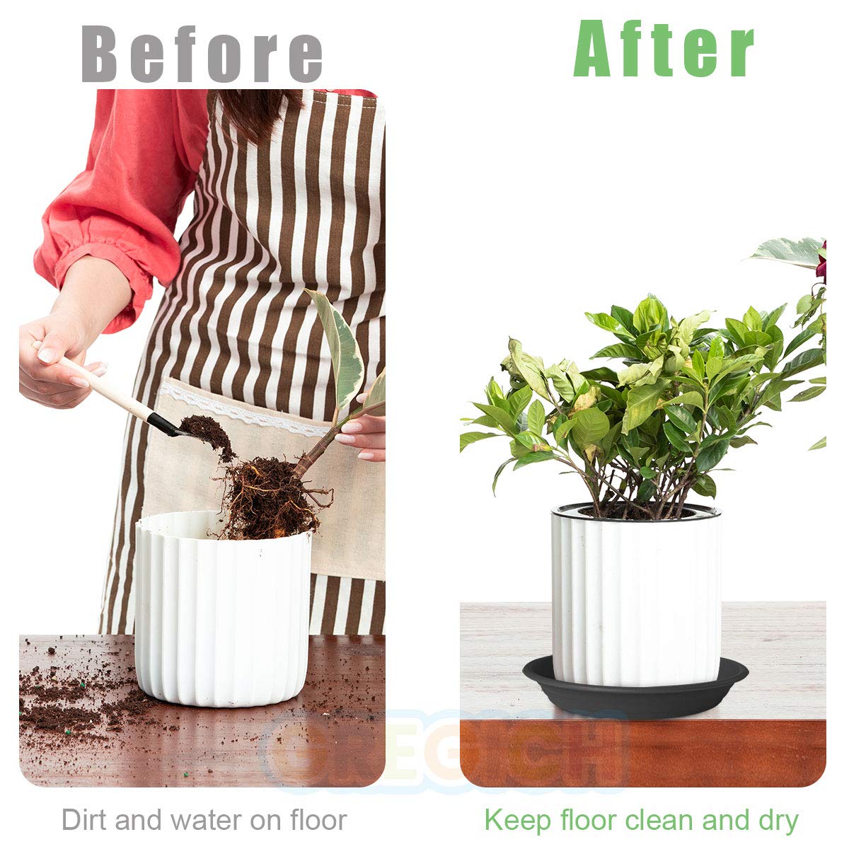 GREGICH 6 Pcs Plastic Plant Saucer 6 8 10 inch Assorted Sizes, Thick Multi Size Pack Plant Tray for Pots Indoors Potted Plant Water Catcher Tray Flower Planter Base Drainage Drip Dish Plate Outdoor