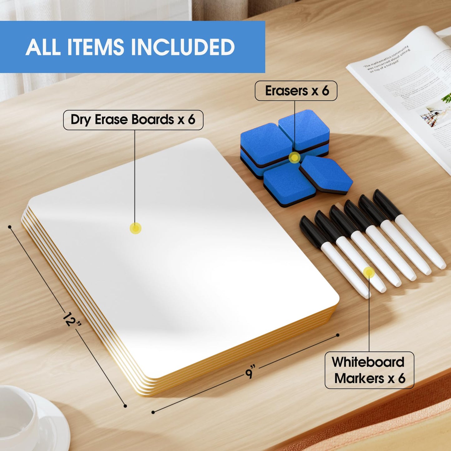 MaxGear Small White Board Dry Erase Boards 6 Pack, 9" x 12" Mini Whiteboard for Students School, Portable White Boards Mini Lapboards Including 6 Mini Dry Erase Erasers and 6 Markers