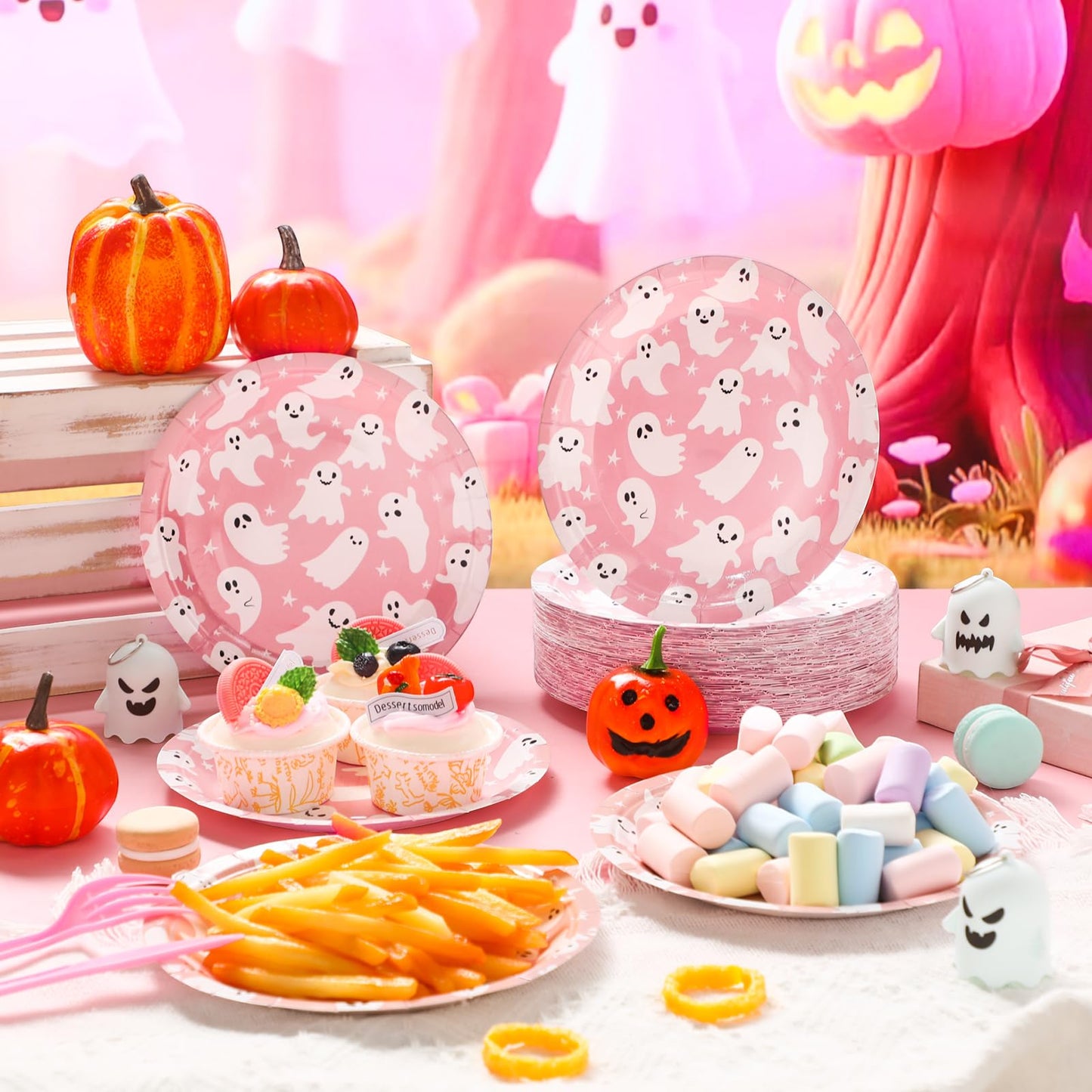 FillTouch 100 Pcs Pink Halloween Ghost Paper Plates 7 Inch Disposable Cake Dessert Dinner Plates for Mexican Independence Day Fiesta Halloween Day of The Dead Party Decorations Supplies(Pink)