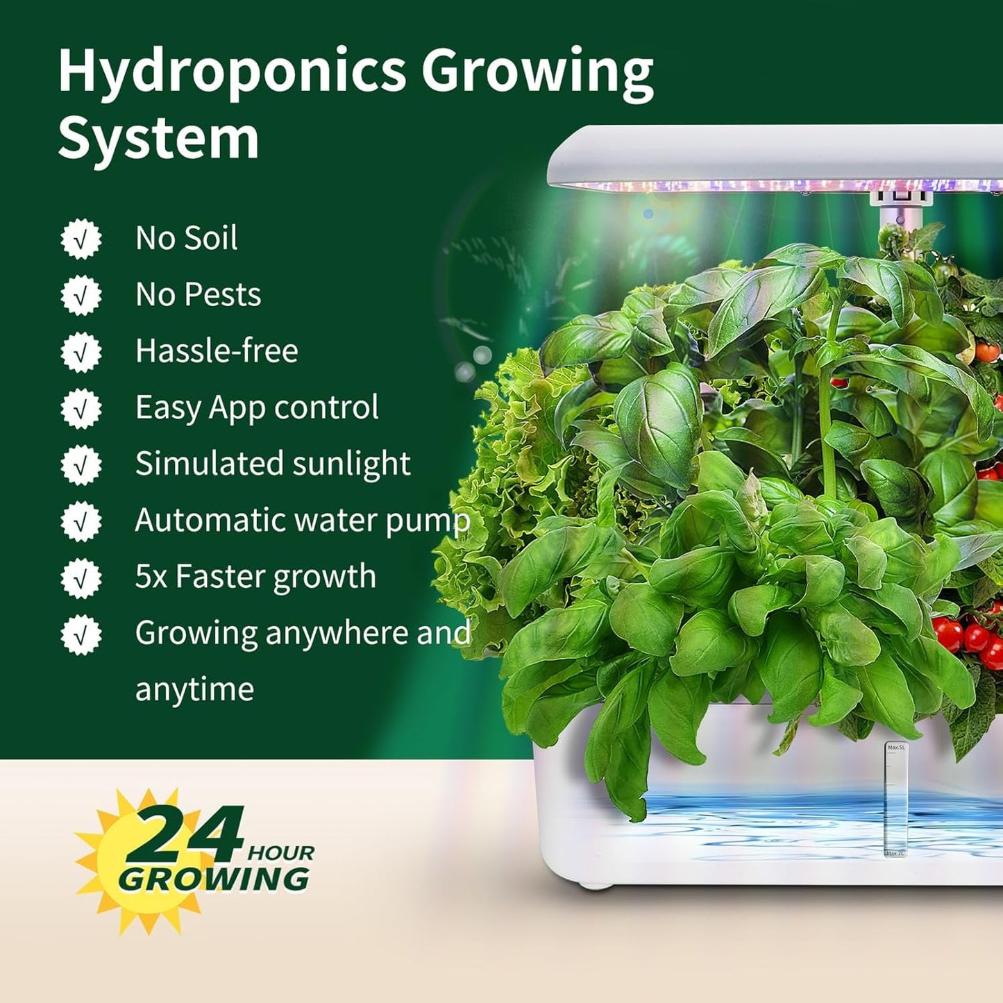 Hydroponics Growing System Indoor Garden, Indoor Gardening System with 14 Pods, WiFi Indoor Herb Garden, Herb Garden Kit with LED Grow Light, Adjustable Height Up to 16.5", Auto Pump, 5L Water Tank